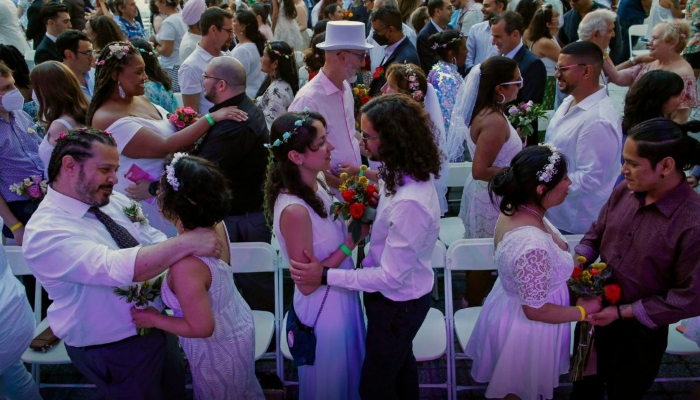 Couples get married during a mass wedding for COVID-delayed couples at Lincoln Center in New York City on July 10, 2022. &mdash; AFP/File