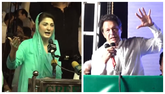 PML-N Vice President Maryam Nawaz (left) and PTI Chairman Imran Khan addressing public gatherings in separate cities of Punjab ahead of the by-polls in the province, on July 15, 2022. &mdash; Twitter/Facebook