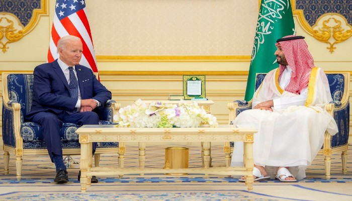 Saudi Crown Prince Mohammed bin Salman and US President Joe Biden meet at Al Salman Palace upon his arrival in Jeddah, Saudi Arabia, July 15, 2022. Photo&mdash;Bandar Algaloud/Courtesy of Saudi Royal Court/Handout via REUTERS