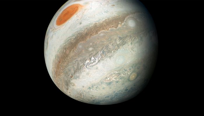 The view shows Jupiter including its Great red Spot captured by NASAs Juno spacecraft on the outbound leg of its 12th close flyby of the gas giant planet, April 1, 2018. &mdash;Reuters