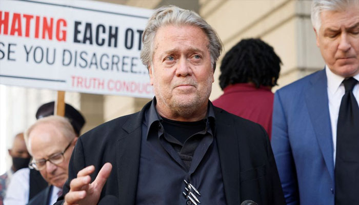 Former US President Donald Trumps White House chief strategist Steve Bannon speaks as he departs after he was found guilty during his trial on contempt of Congress charges for his refusal to cooperate with the US House Select Committee investigating the Jan. 6, 2021, attack on the Capitol, at US District Court in Washington, US, July 22, 2022. &mdash;REUTERS/Evelyn Hockstein