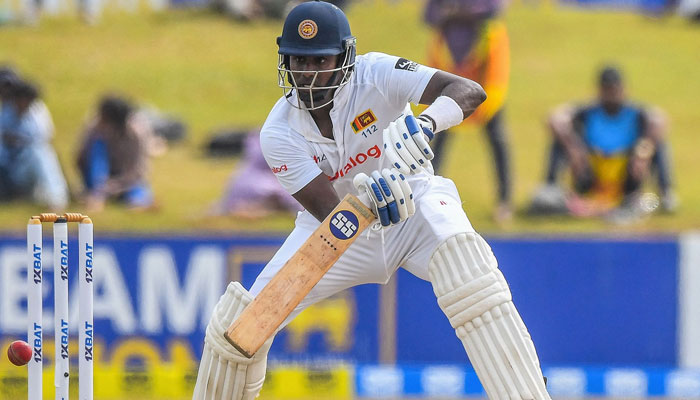 Sri Lanka&rsquo;s Angelo Mathews plays a shot during the first day of the second cricket Test match between Sri Lanka and Pakistan on July 24, 2022. Photo: AFP
