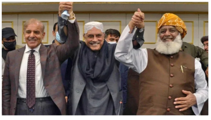 (Left to right): Prime Minister Shehbaz Sharif, PPP Co-chairman Asif Ali Zardari, and JUI-F chief Maulana Fazulr Rehman hold hands and pose together. &mdash; Twitter/ File