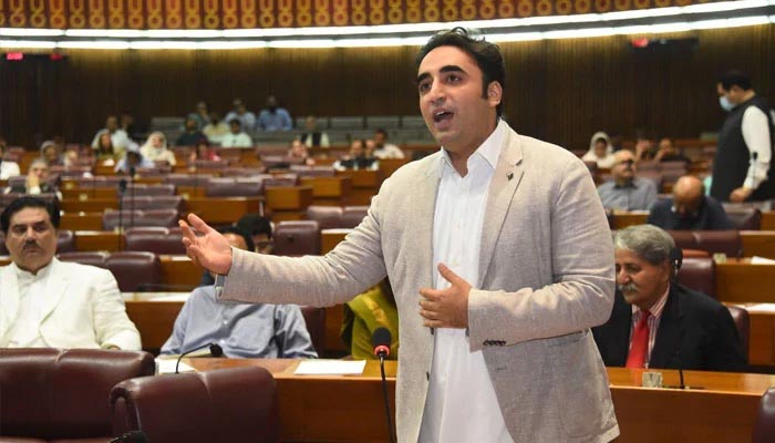 Federal Minister for Foreign Affairs Bilawal Bhutto-Zardari addressing a session in the National Assembly. &mdash; PPP Twitter/File
