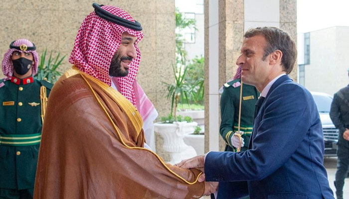 Saudi Crown Prince, Mohammed bin Salman receives French President Emmanuel Macron in Jeddah, Saudi Arabia, December 4, 2021. &mdash; Courtesy of Saudi Royal Court/Handout via Reuters