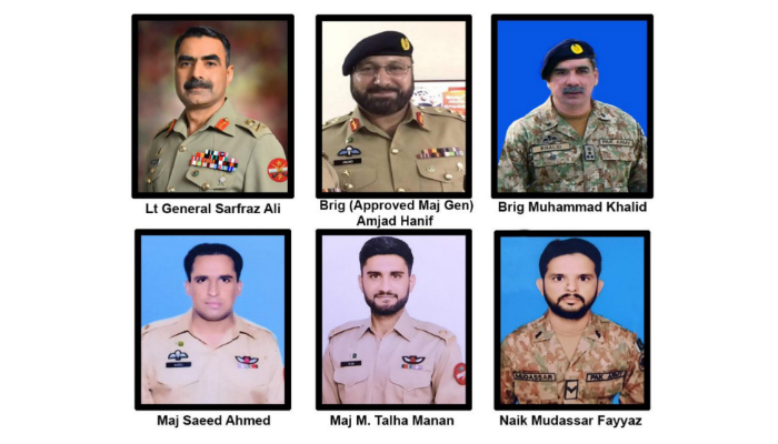 Image collage showing the six Pakistan Army personnel who embraced martyrdom during a helicopter crash in Balochistan. — ISPR