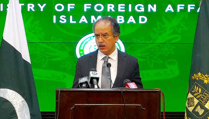 Pakistans Ministry of Foreign Affairs shows Foreign Offices spokesperson Asim Iftikhar addressing weekly media briefing in Islamabad on April 25, 2022. &mdash; Facebook/MOFA