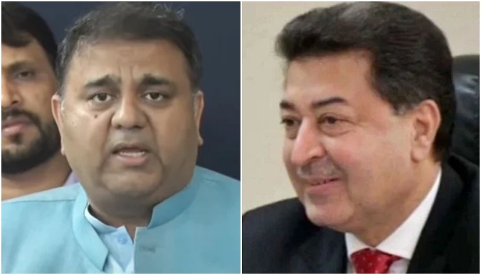 Image collage featuring PTI leader Fawad Chaudhry (L) and Chief Election Commissioner (CEC) Sikandar Sultan Raja. &mdash; Screengrab from YouTube/HumNewsLive and Pakistan Railways