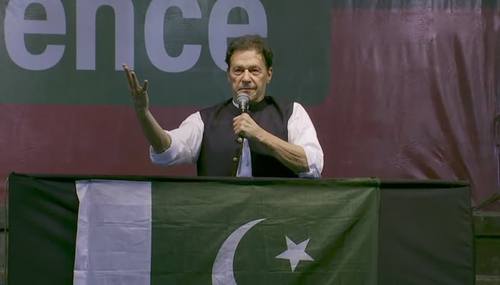 PTI Chairman Imran Khan address a party gathering at the National Hockey Stadium in Lahore, on August 13, 2022. — YouTube/PTI
