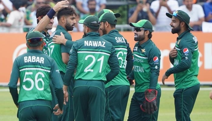 Pakistan team celebrates after Fakhar Zamans century helped&nbsp;steer Pakistan to a 16-run victory&nbsp;in the first of a three-match series against the Netherlands in Rotterdam on August 16, 2022 . &mdash; Twitter/TheRealPCB