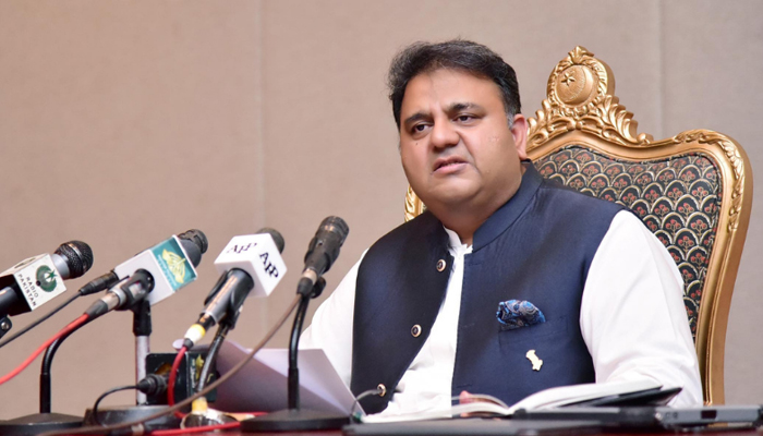 Minister for Information and Broadcasting Fawad Chaudhry addresses a press conference in Islamabad in this undated photo. &mdash; PID/File