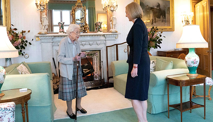 Britains Queen Elizabeth II and new Conservative Party leader and Britains Prime Minister-elect Liz Truss meet at Balmoral Castle in Ballater, Scotland, on September 6, 2022, where the Queen invited Truss to form a Government. &mdash; AFP