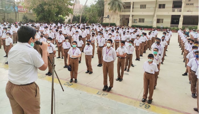 An assembly session is underway at Bai Virbaiji Soparivala Parsi High School. — Photo courtesy school website