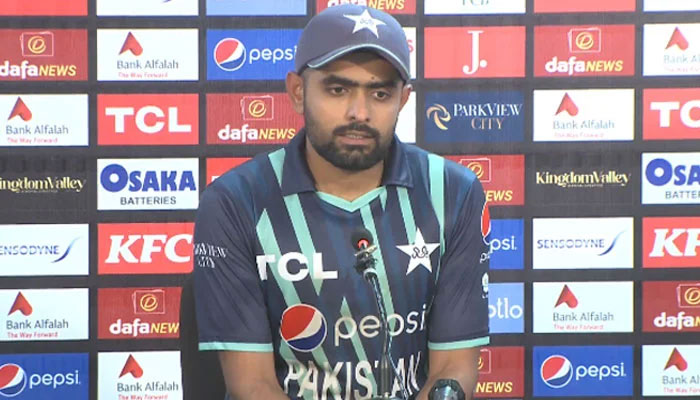 Babar Azam addressing a post-match press conference in Karachi on September 22, 2022. Screengrab of a Twitter video