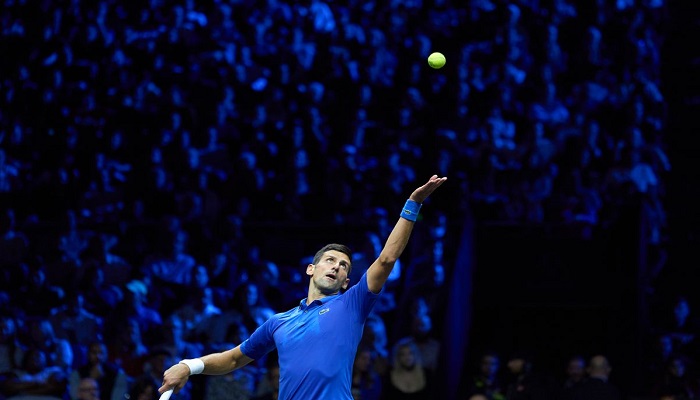 Sep 24, 2022; London, United Kingdom; Novak Djokovic (SRB) serves against Frances Tiafoe (USA) in a Laver Cup singles match. Mandatory Credit: Peter van den Berg-USA TODAY Sports