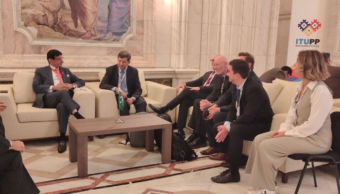 Federal Minister for Information Technology and Telecommunication Syed Aminul Haque speaking to Meta representatives in Romania. — Twitter