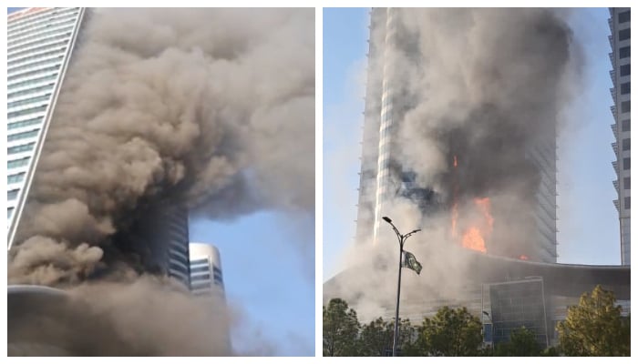 Image showing clouds of smoking emitting out of the shopping malls building. — Screengrab via YouTube/ Geo News Live