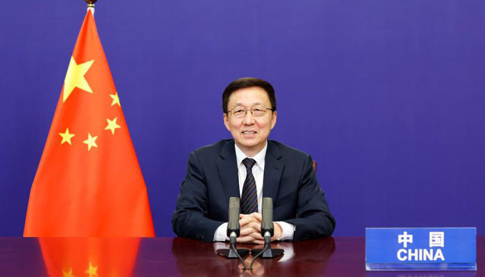Chinese Vice Premier Han Zheng, also a member of the Standing Committee of the Political Bureau of the Communist Party of China Central Committee, addresses the One Planet Summit via video link in Beijing, capital of China, Jan. 11, 2021. — Xinhua