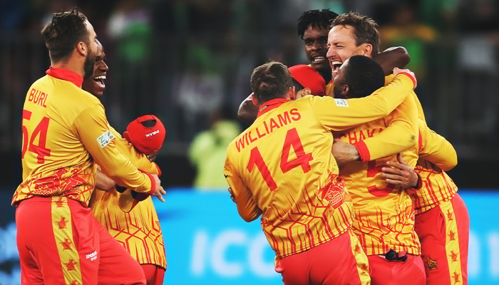 Zimbabwe team celebrates after beating Pakistan during the ICC men’s Twenty20 World Cup 2022 cricket match in Perth on October 27, 2022. — Twitter/ICC