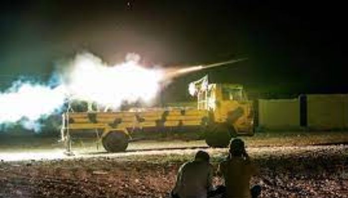 A long-range grad rocket is launched by Turkish-backed Syrian fighters, reportedly targeting Kuweires military airfield and other points along the frontlines with areas held the Syrian Democratic Forces, in the district of al-Azraq in the rebel-held part in the north of Syrias Aleppo province early August 20, 2022.— AFP