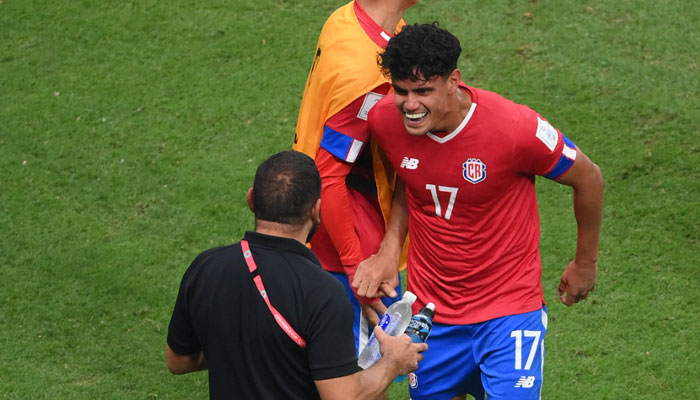 Costa Ricas midfielder Yeltsin Tejeda celebrates scoring his teams first goal during the Qatar 2022 World Cup Group E football match between Costa Rica and Germany at the Al-Bayt Stadium in Al Khor, north of Doha on December 1, 2022. AFP