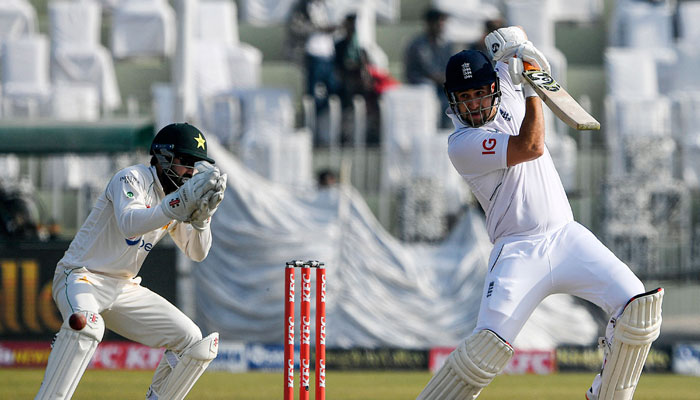 Englands Liam Livingstone plays a shot during the second day of the first cricket Test match between Pakistan and England at the Rawalpindi Cricket Stadium, in Rawalpindi on December 2, 2022. — AFP