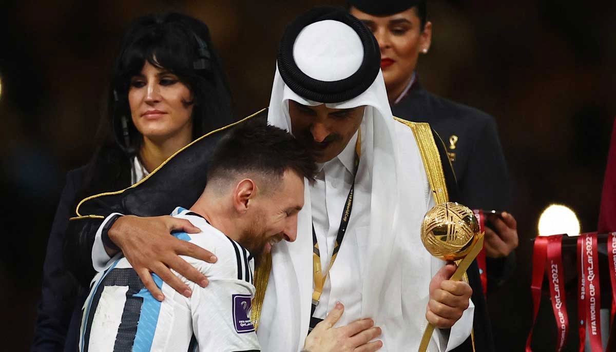 Argentinas Lionel Messi is presented the Golden Ball award by Emir of Qatar Sheikh Tamim bin Hamad Al Thani. — Reuters