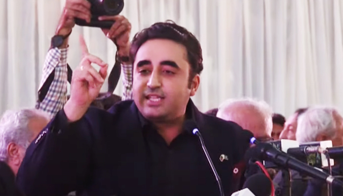 Foreign Minister Bilawal Bhutto-Zardari addresses an event in Garhi Khuda Bakhsh on December 27, 2022. — YouTube/PTVNewsLive