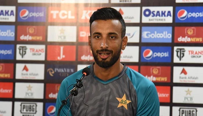 Pakistan left-hand opener Shan Masood speaking during a press conference at the National Stadium Karachi on September 17, 2022. — PCB