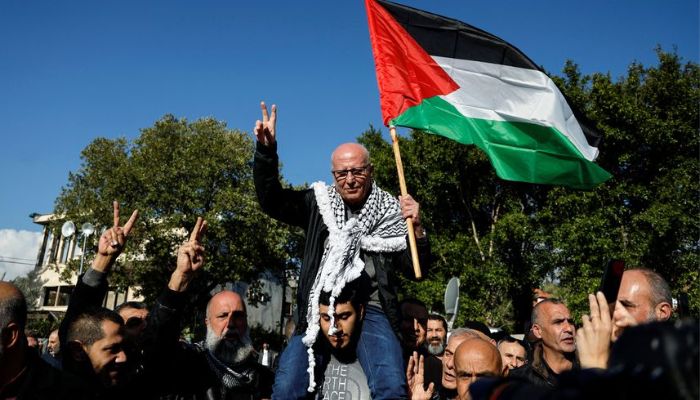 Longest serving Palestinian prisoner, Karim Younis, gestures as he is welcomed at his village, after he was freed from Israeli jail earlier today, in Ara, Israel January 5, 2023.— Reuters