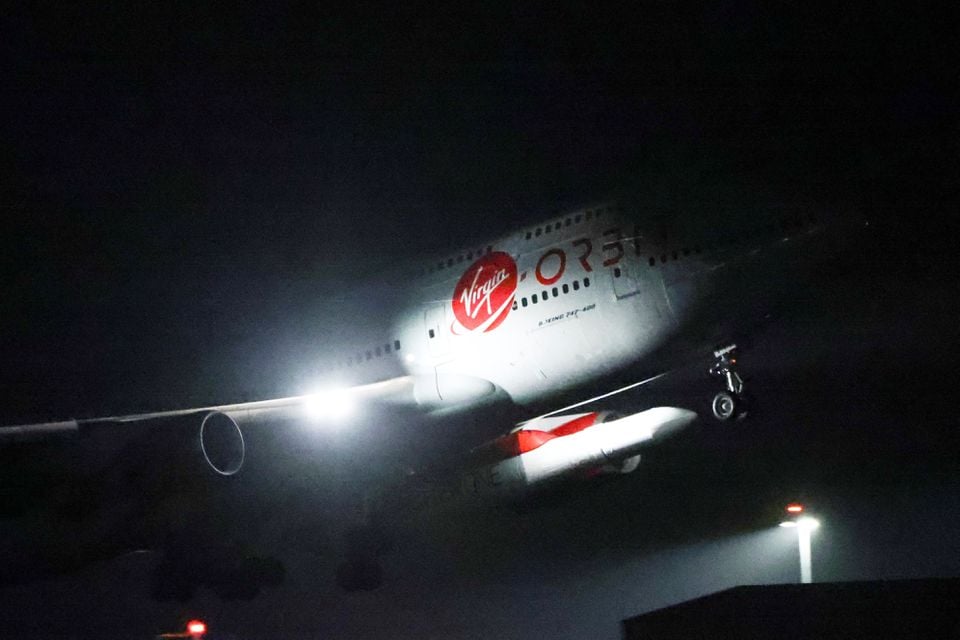 The plane takes off ahead of Britains first satellite launch, at Cornwall Airport Newquay, in Cornwall, Britain January 9, 2023.— Reuters
