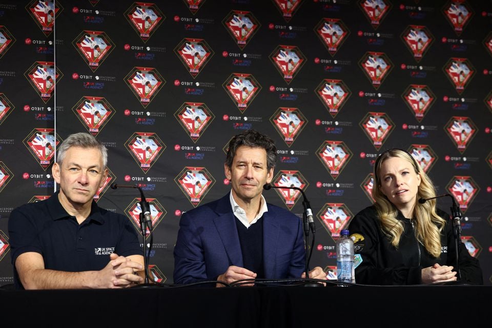 CEO of Virgin Orbit Dan Hart, Deputy CEO of UK Space Agency Ian Annett and Head of Spaceport Cornwall Melissa Thorpe take part in a news conference at Newquay Airport, ahead of UKs First launch of Virgin Orbits LauncherOne rocket, in Newquay, Britain, January 8, 2023.— Reuters