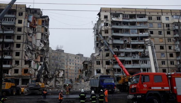 Emergency personnel work at the site where an apartment block was heavily damaged by a Russian missile strike, amid Russias attack on Ukraine, in Dnipro, Ukraine January 16, 2023.— Reuters