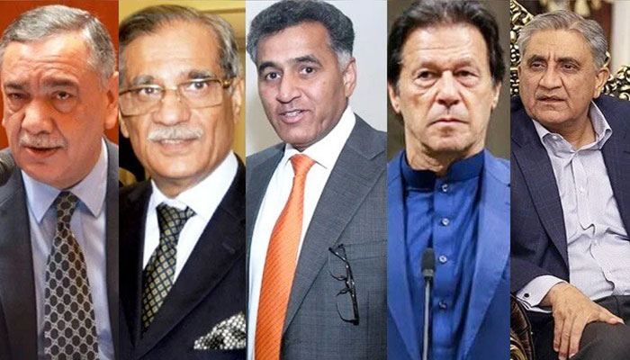 A combo of Asif Saeed Khosa (left) and Saqib Nisar (first left), Lt General Faiz Hameed (centre), Imran Khan (second right) and General (retd) Bajwas pictures. — AFP/Twitter