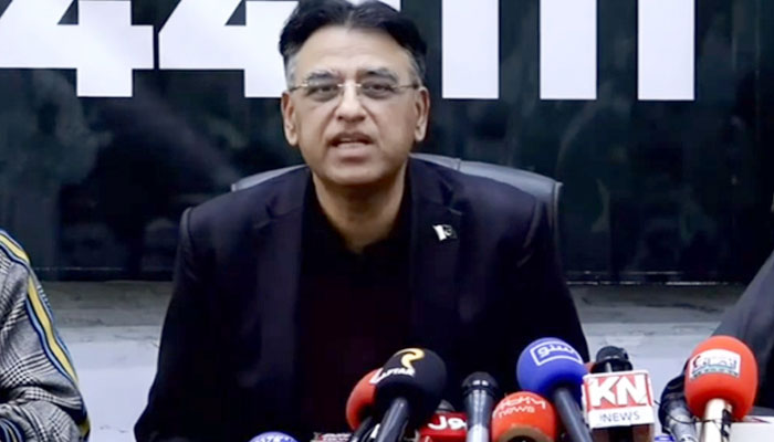 Pakistan Tehreek-e-Insaf (PTI) General Secretary Asad Umar addresses a press conference. — Twitter/@PTIofficial