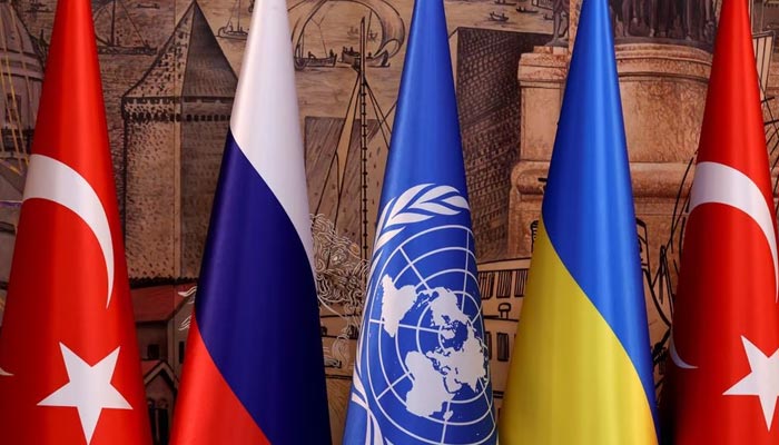 Flags of Turkey, Russia, the United Nations and Ukraine are seen on the day of a signing ceremony in Istanbul, Turkey July 22, 2022. — Reuters