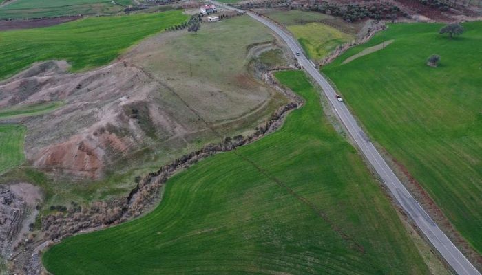 Aerial view shows cracks in the ground in the aftermath of a deadly earthquake, near the Tevekkeli village in Kahramanmaras, Turkey February 10, 2023. .— Reuters