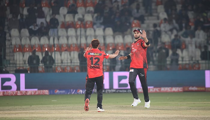 Zaman Khan (left) and Shaheen Shah Afridi during a PSL match against Multan Sultans in Multan on February 13, 2023. — PSL