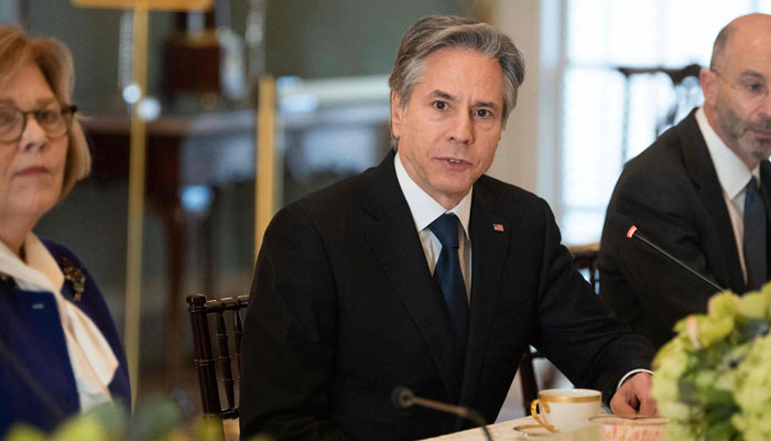 US Secretary of State Antony Blinken speaks during a meeting with Qatari Deputy Prime Minister and Foreign Minister Mohammed bin Abdulrahman Al-Thani, at the State Department in Washington, DC, on February 10, 2023.— AFP