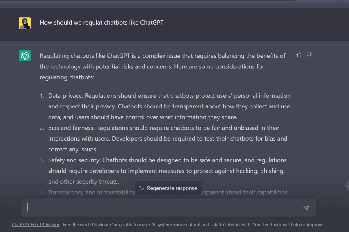 Screengrab of authors conversation with ChatGPT asking about its regulation. — Screengrab via author