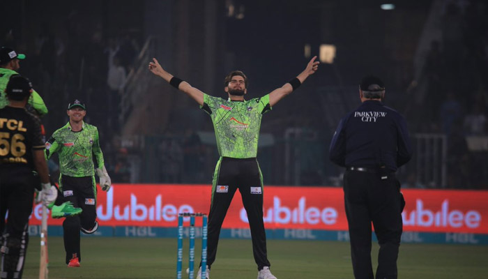 Lahore Qalandar captain Shaheen Afridi celebrates during the 15th match of the Pakistan Super League (PSL) at the Gaddafi Stadium in Lahore on February 26, 2023. — Twitter/ @lahoreqalandars
