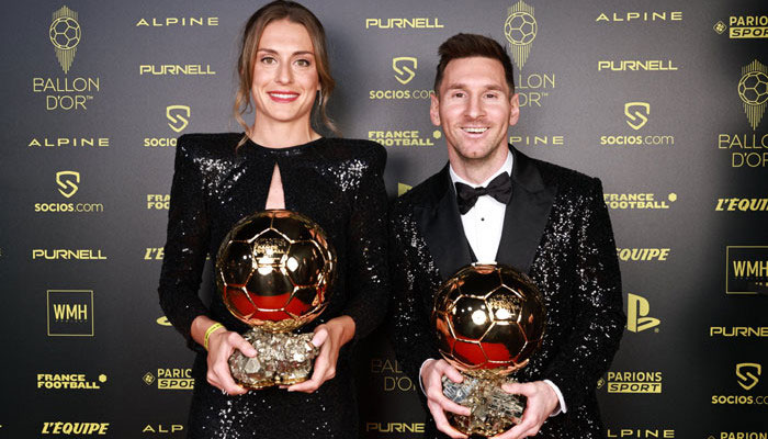 Spains Alexia Putellas (Left) and Argentinas Lionel Messi with their 2021 Ballon dOr awards. Picture: /Twitter/francefootball