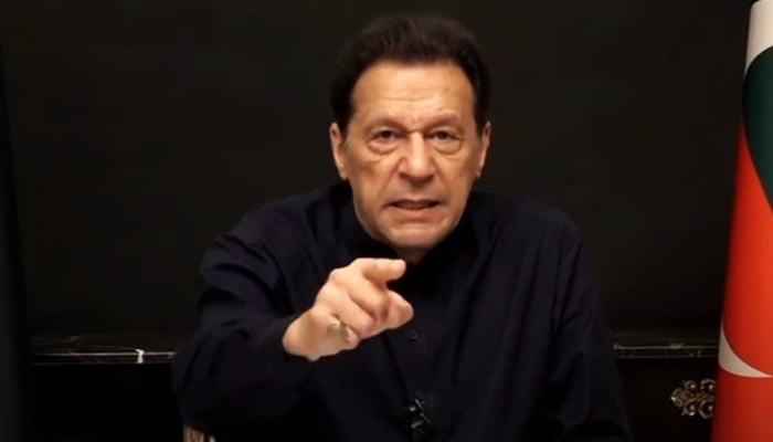 PTI Chairman Imran Khan gestures during an address in Lahore, on March 1, 2023, in this still taken from a video. — YouTube/PTI