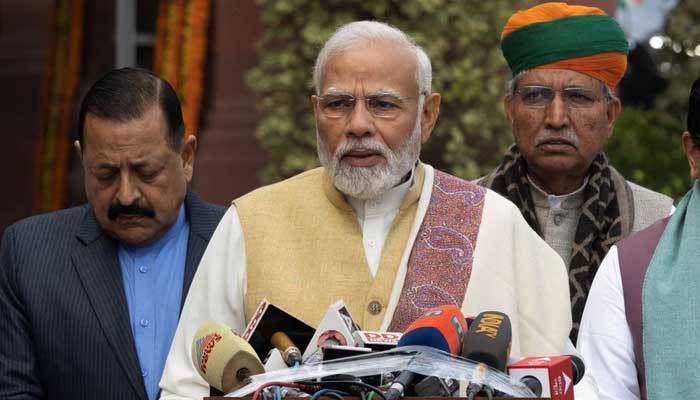 Indias Prime Minister Narendra Modi speaks with the media inside the parliament premises upon his arrival on the first day of the budget session in New Delhi, India, January 31, 2023. — Reuters