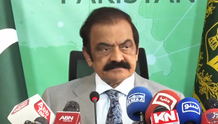 Interior Minister Rana Sanaullah addresses a press conference in Islamabad, on March 8, 2023, in this still taken from a video. — YouTube/GeoNews