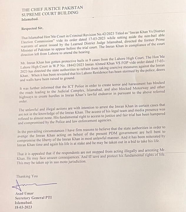 Letter written by Asad Umar to CJP Umar Ata Bandial, on March 18, 2023. — Photo by author