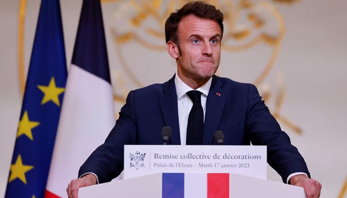 French President Emmanuel Macron delivers a speech during a collective award ceremony for sports celebrities, at the Elysee Presidential Palace in Paris, France January 17, 2023. — Reuters