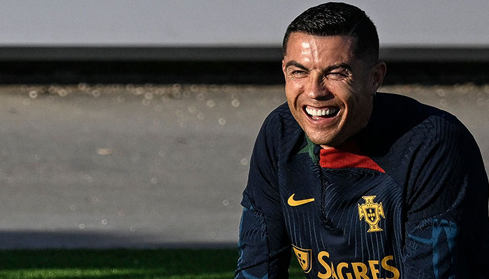 Cristiano Ronaldo attends a training session at Cidade do Futebol training camp in Oeiras, outskirts of Lisbon, on March 20, 2023, ahead of their UEFA Euro 2024 qualifier football match against Liechtenstein and Luxembourg.—AFP