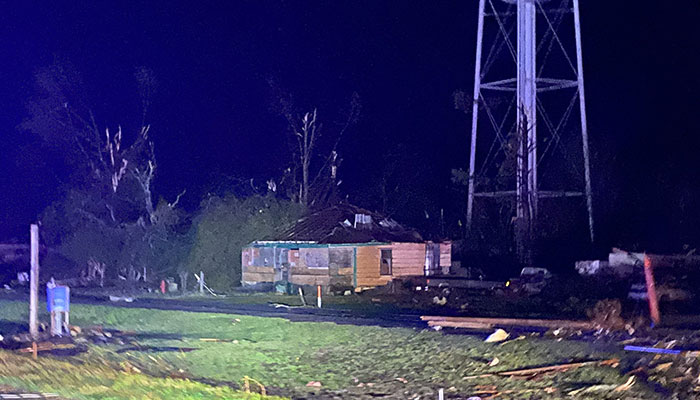 This image obtained from the Mississippi Highway Patrol, Troop D, shows a damaged home near Silver City, Mississippi, after a tornado touched down in the area March 25, 2023.—AFP