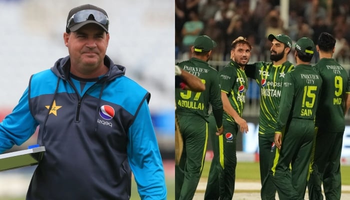 Former Pakistan coach Mickey Arthur (L) and Pakistan cricket team (R). — ICC/Twitter/@TheRealPCB